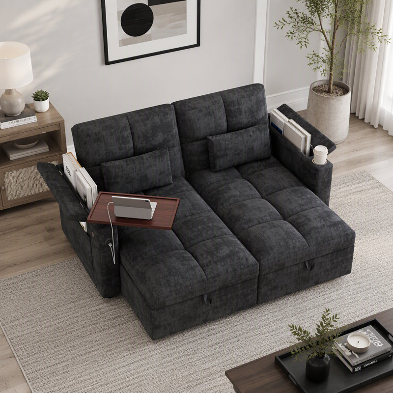 Canapé-lit modulaire de 66,33 po avec méridienne de rangement double, dossier réglable à 5 positions, port USB, plateau latéral pliable et porte-gobelet, canapé-lit modulaire convertible en chenille pour le salon en appartement, D