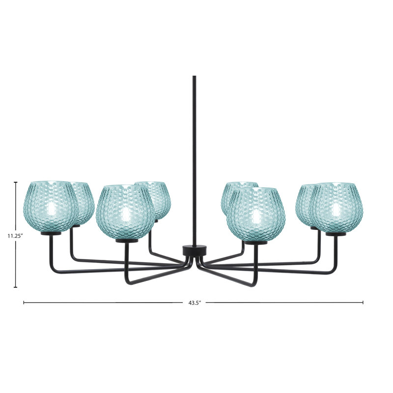 Lustre 8 lumières Amarmula, finition noir mat, verre texturé turquoise 6 po, Noir, Sarcelle
