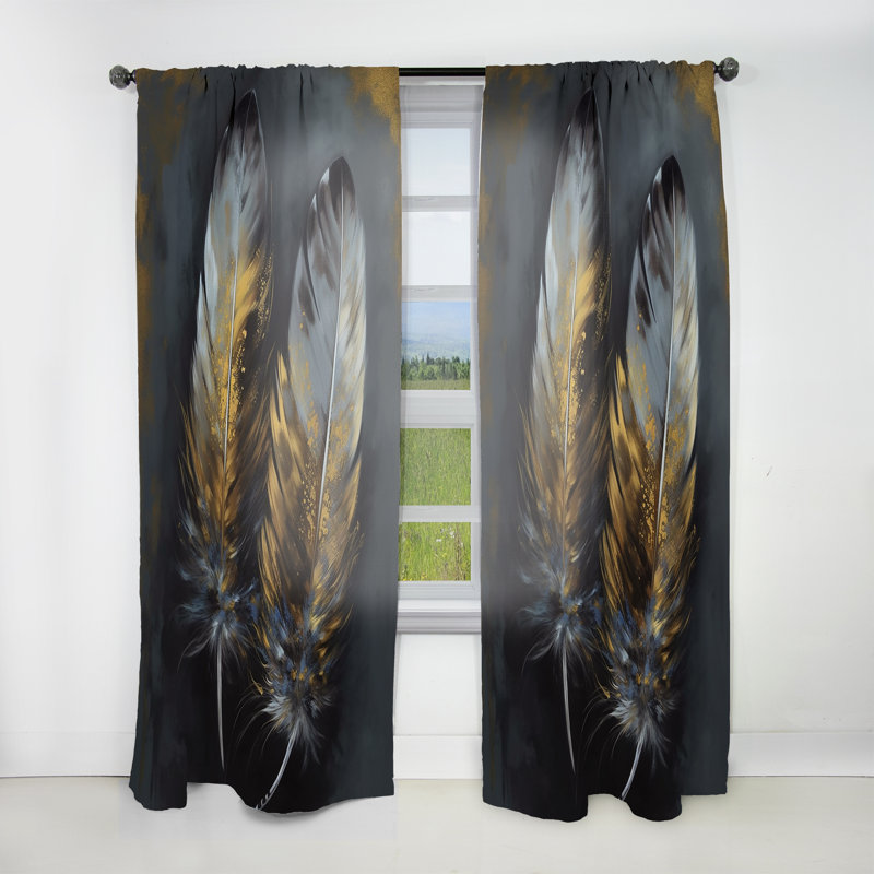 Kincy - Gold Boho Chic Feathers I - Rideau en plumes glamour - Velours obscurcissant - 1 panneau, L 52 po x L 63 po