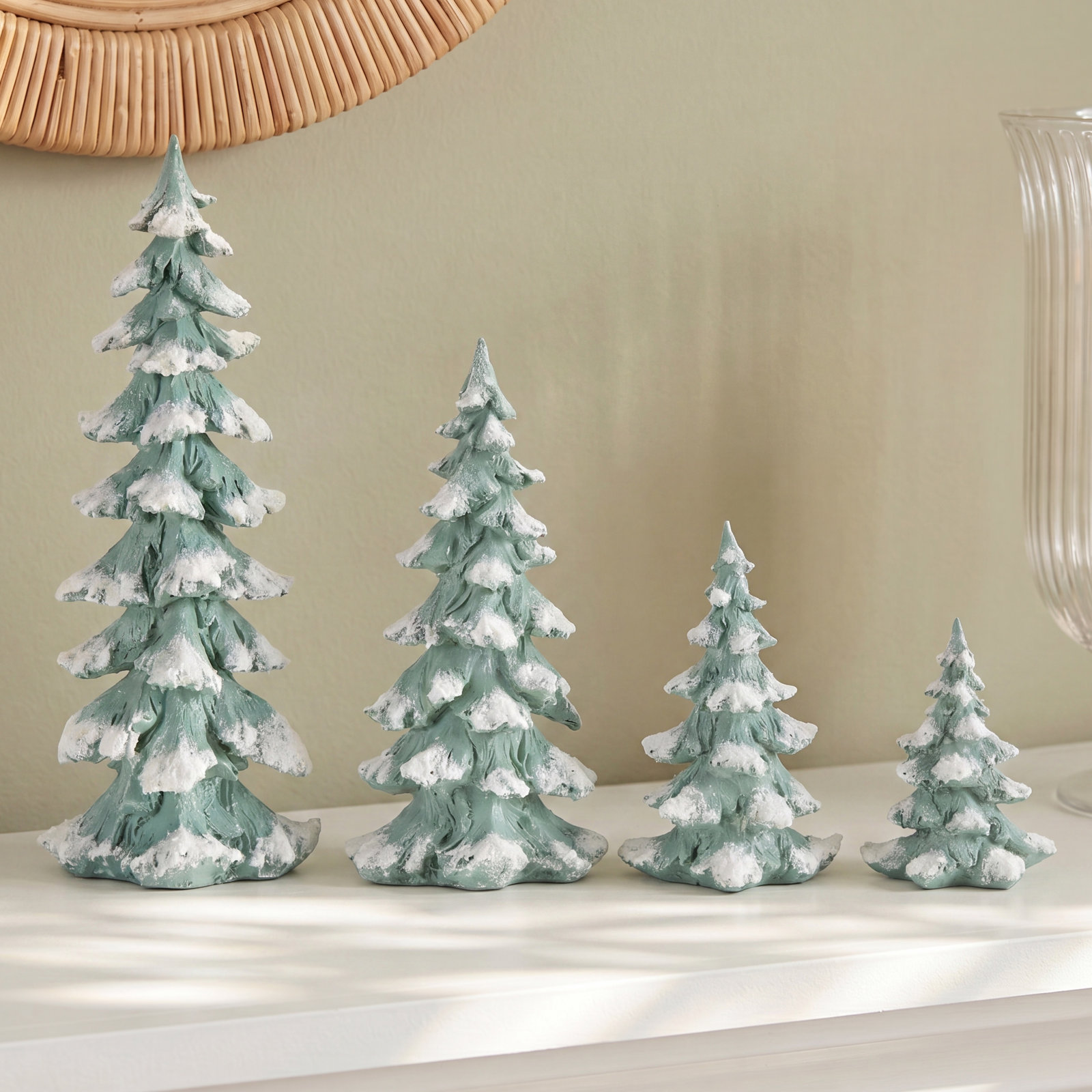 4-Piece Flocked White Pine Tabletop Tree Set