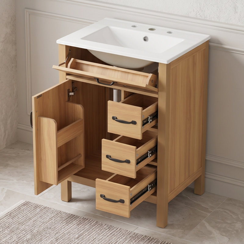 Meuble-lavabo autoportant avec lavabo en céramique, charnières à fermeture en douceur, tiroir rabattable et support de rangement double couche