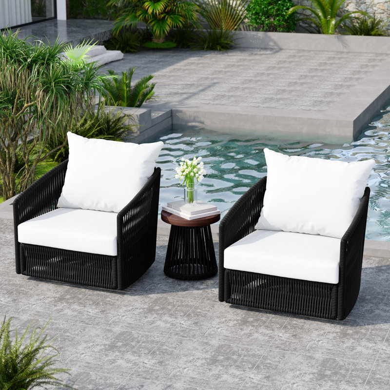 Ensemble de chaises de patio pivotantes avec coussins et table de bout Lenno, Blanc, Noir