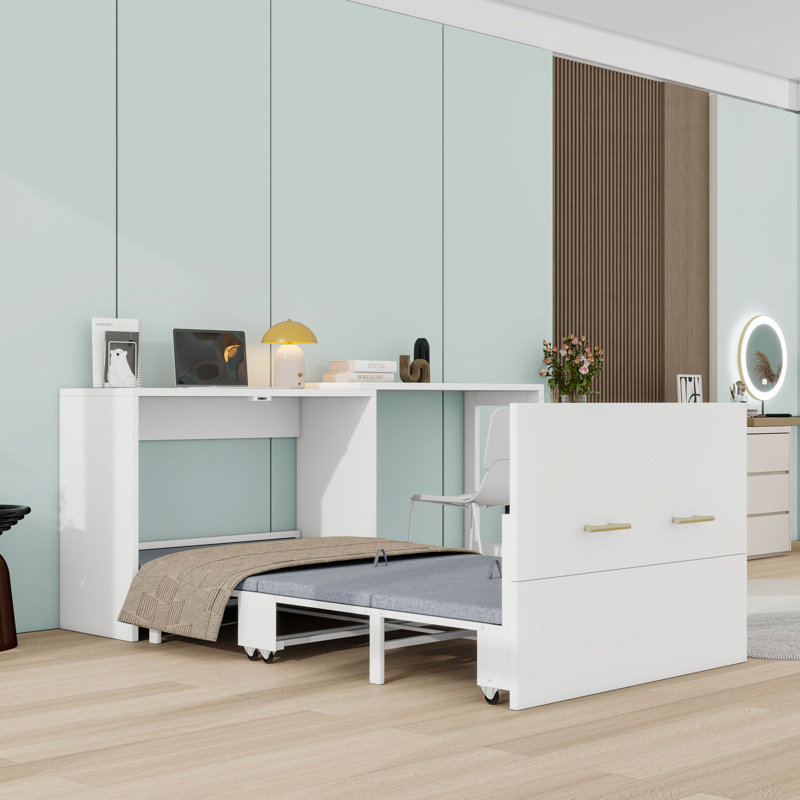 Lit simple escamotable avec bureau ajustable et coussin pliable, Blanc