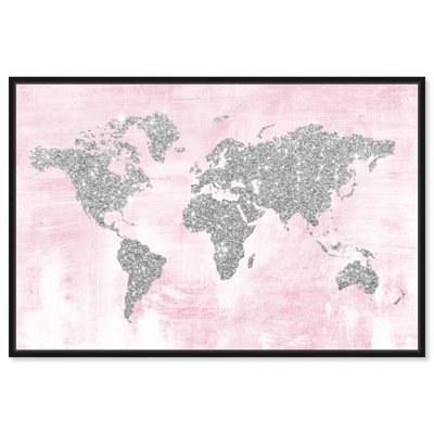Carte pailletée rose et argentée, carte du monde pailletée, toile moderne rose pour salon - cadre photo sur toile flottante