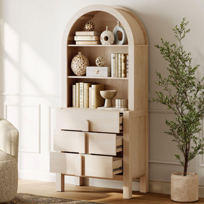71" Tall Arched Bookshelf, Modern 3 Tier Bookcase With Open Storage, Wooden Display Cabinet With Drawer And Shelves, Versatile Bookshelf For Living Room, Study, Office