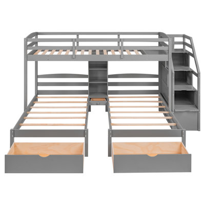 Twin over Twin&Twin Bunk Bed, Triple Bunk Bed with Drawers, Staircase with Storage, Built-in Shelves