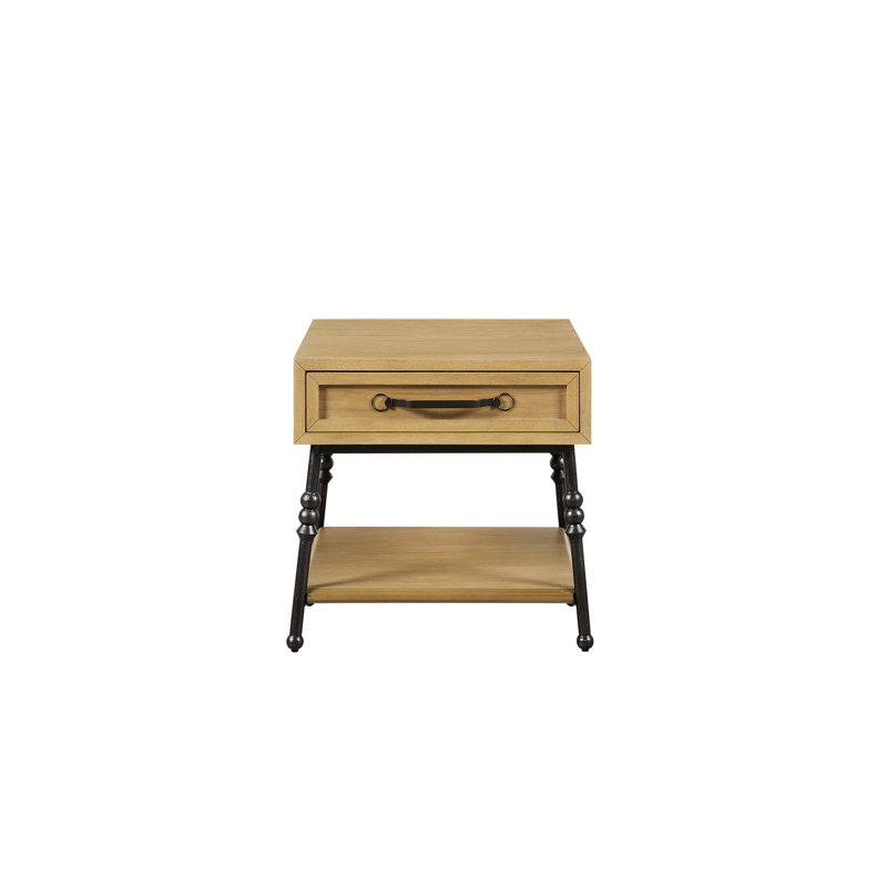 Table d'appoint, pieds en métal, finition noix de cajou, placage, un tiroir, tablette inférieure ouverte, beige, bois massif + , profondeur, largeur, poids Table finie avec tiroir et beige 25,29 po 24,21 po 53,33 lb