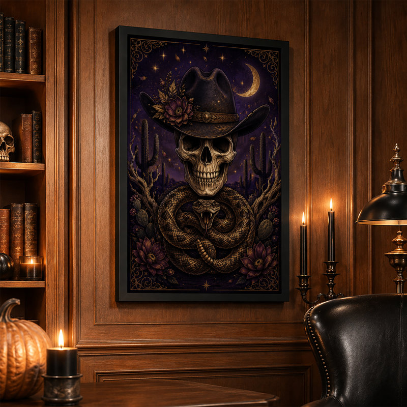 Impression sur toile mauve, crâne de cowboy, H 24 po x l 16 po