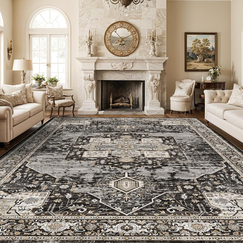 Washable Area Rug 10x12 - Soft Area Rugs for Living Room Stain Resistant Carpet Vintage Lightweight Rugs for Bedroom with Non Slip Backing Indoor Thin Rugs Home Decor 10x12 Black