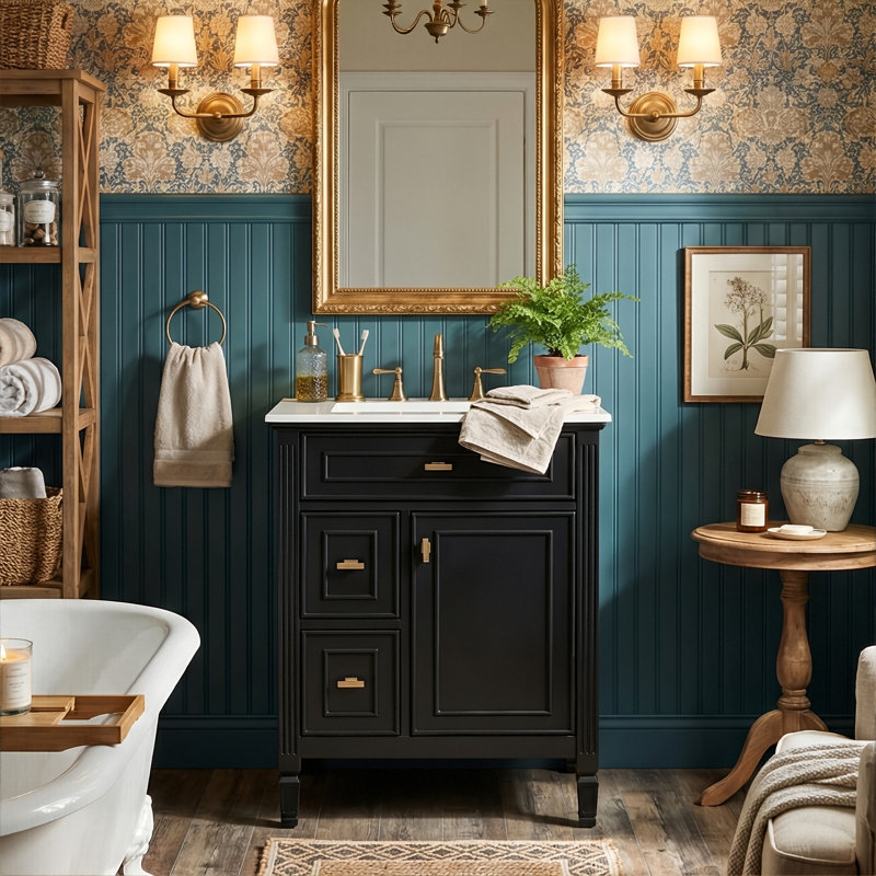 24" Modern Farmhouse Vanity Set, Solid Wood & MDF Cabinet With Gold Handles, Ceramic Top & 3-Drawer Storage, Black