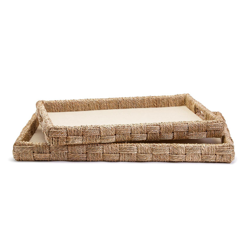 Set Of 2 Hand-Crafted Sea Grass And Rattan Oversized Decorative Square Tray