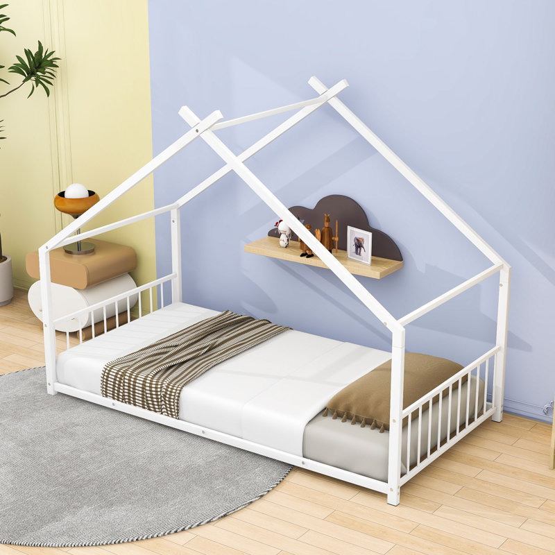 House Bed With Playhouse Design And Headboard, Twin, White