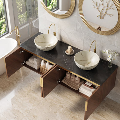 Meuble-lavabo double 60 po en contreplaqué flottant en chêne brun avec comptoir en pierre frittée noire et double vasque en céramique blanche