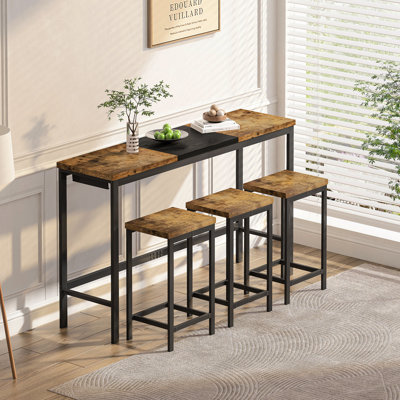 Modern Design Kitchen Dining Table, Pub Table, Long Dining Table Set With 3 Stools, Convenient Hanging Stool Design, Natural+Black