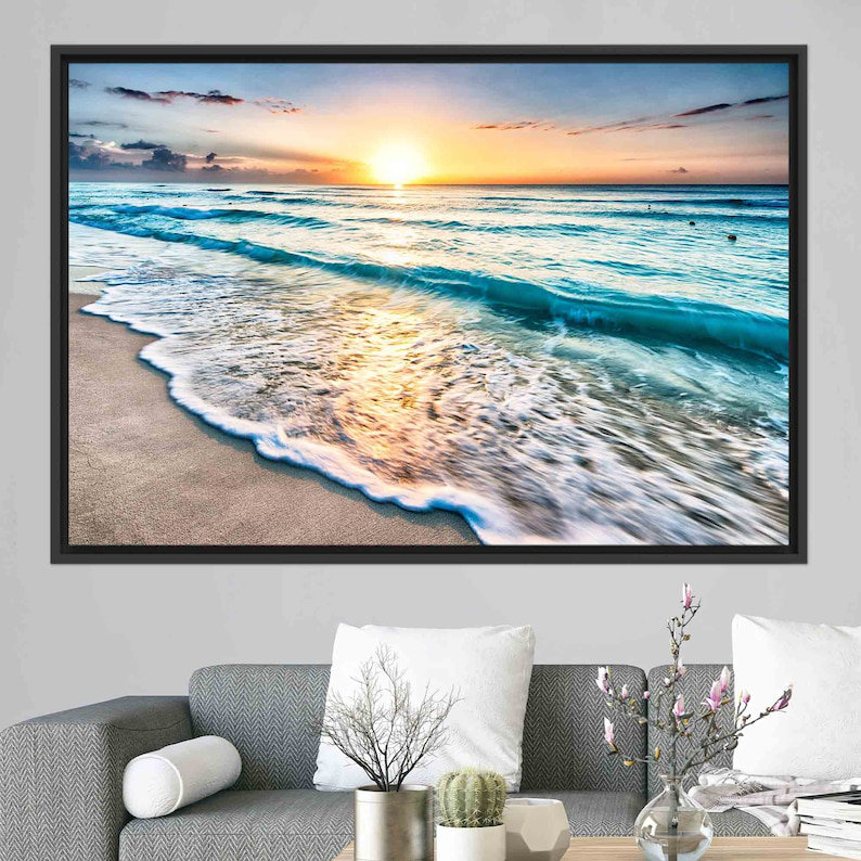 Coucher de soleil sur la plage, art 3D, affiche imprimée océanique pour salon ou décoration de mariage, H 41 po x l 94 po