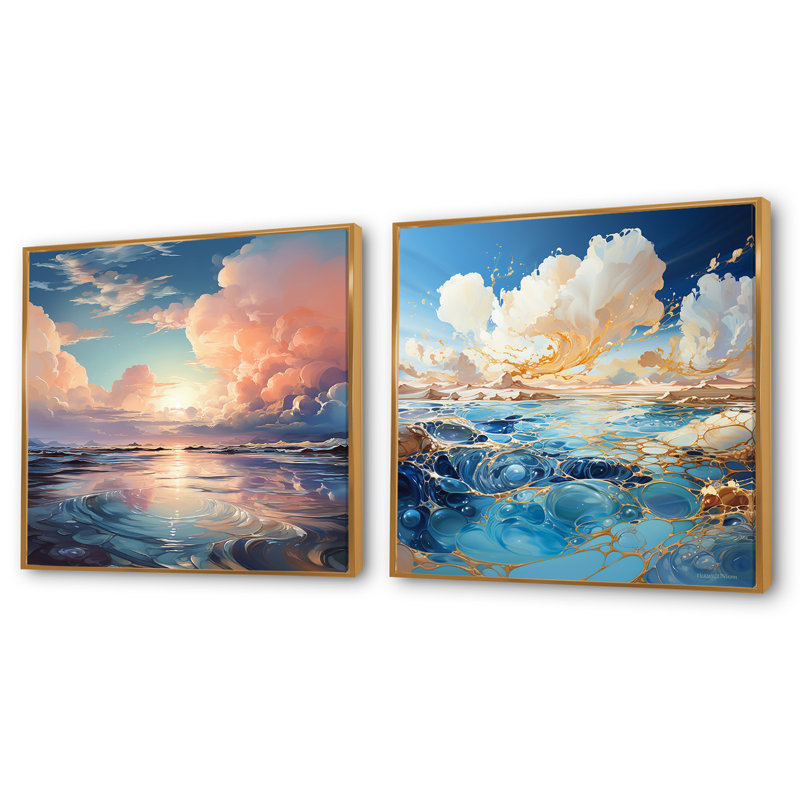 «Clouds Charm», ensemble de 2 collages carrés, Cadre flottant doré, H 36 po x l 73 po