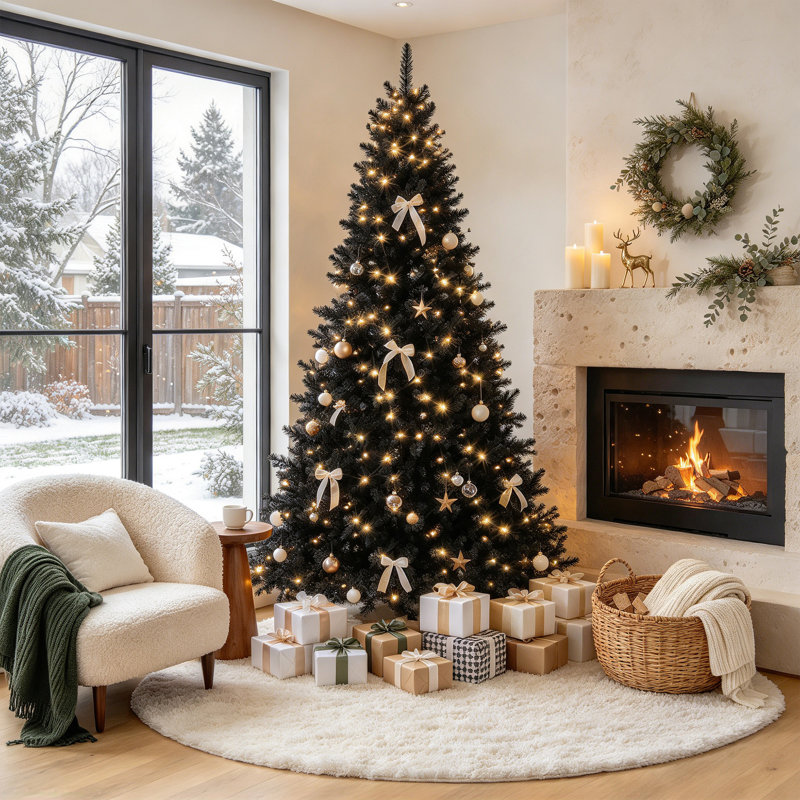 Sapin de Noël artificiel noir de 1,80 m (6 pi) préilluminé, en épinette articulée, avec 280 lumières DEL à couleurs changeantes et 11 modes d'éclairage pour la décoration de la maison et du bureau pendant les fêtes.
