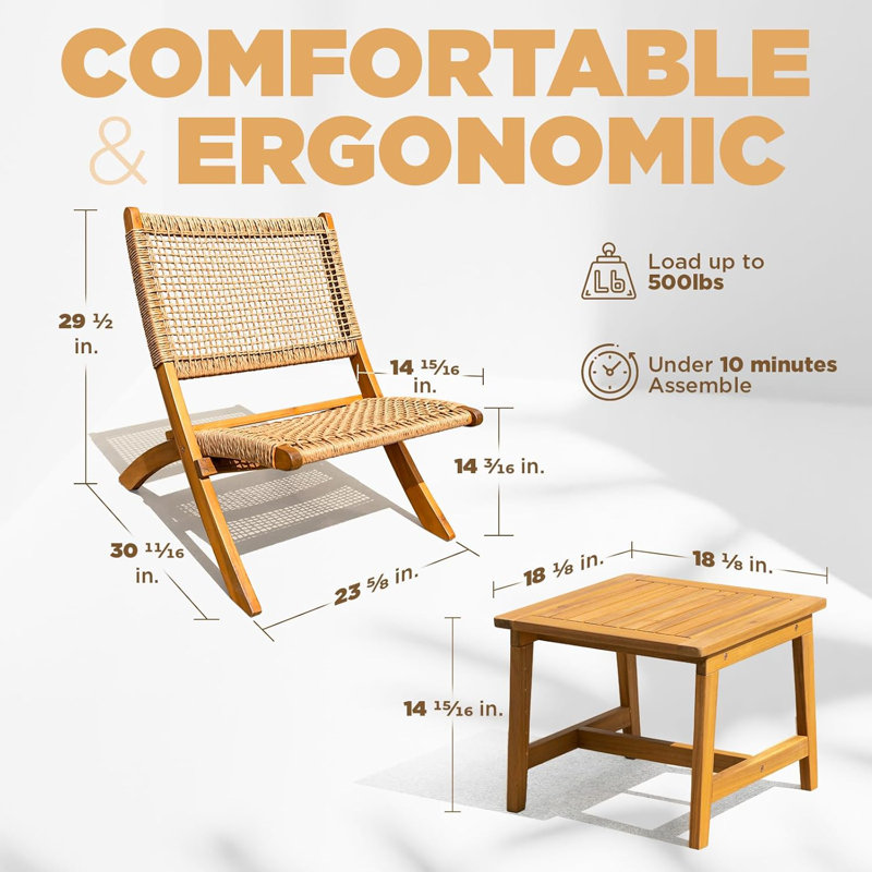 Solid Wood Twisted Wicker Foldable Reclining Bistro Set of 3