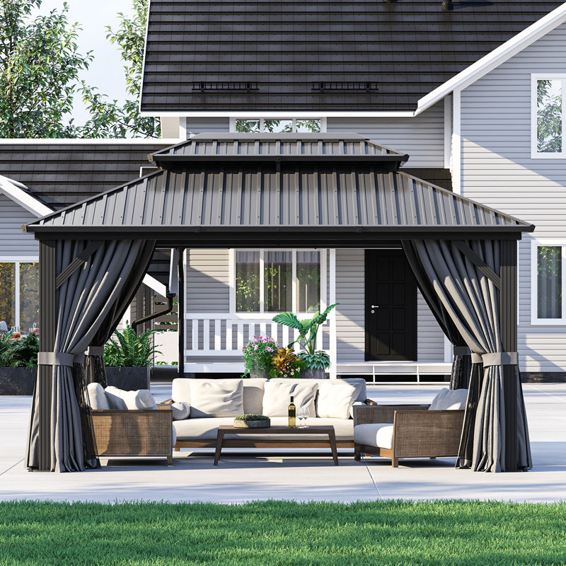 Aluminum Permanent Patio Gazebo with Double Roof, 14 Ft. W x 10 Ft. D