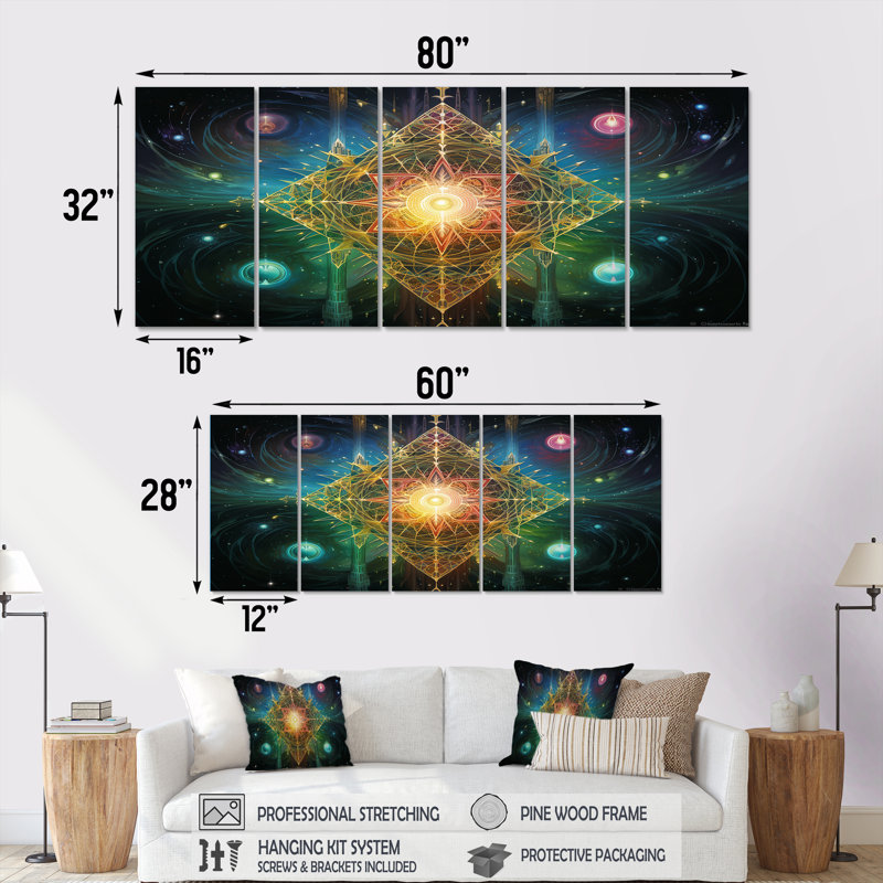 Étoile galactique sacrée - art mural boho mandala, 5 pièces, H 28 po x l 60 po