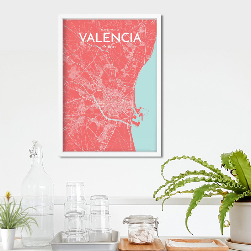Valencia, carte de la ville, impression, H 27,6 po x l 19,7 po, Rose / bleu bébé