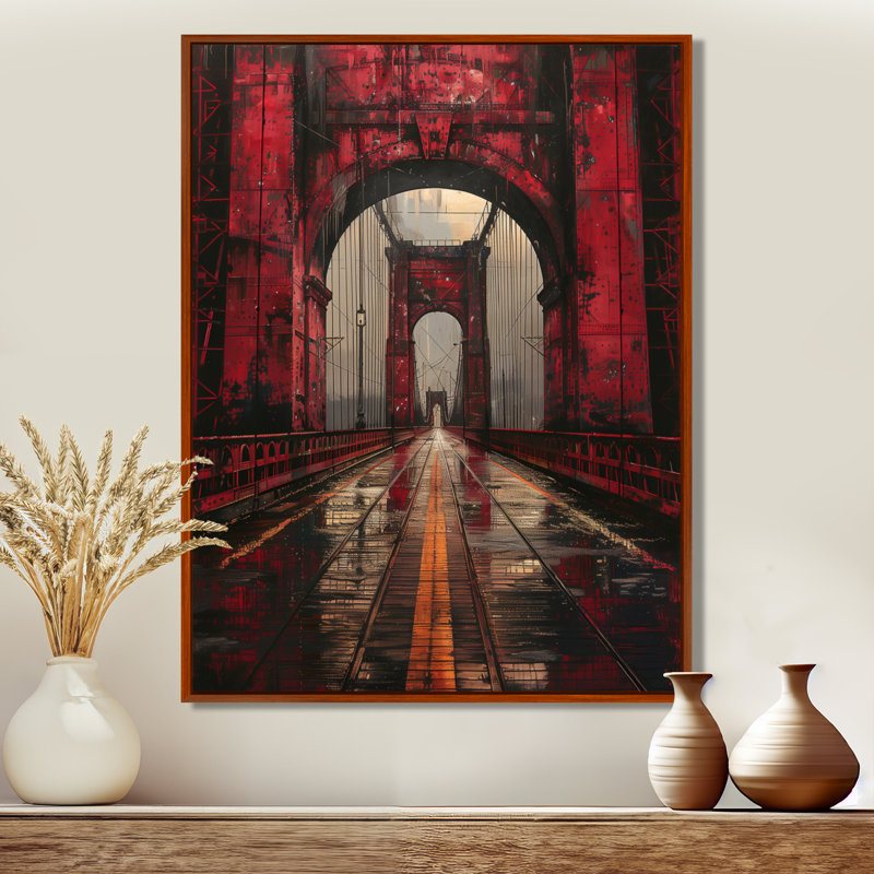 Pont rouge et noir, printemps, impression d'art mural, Toile avec cadre flottant brun, H 44 po x l 34 po x P 1,5 po