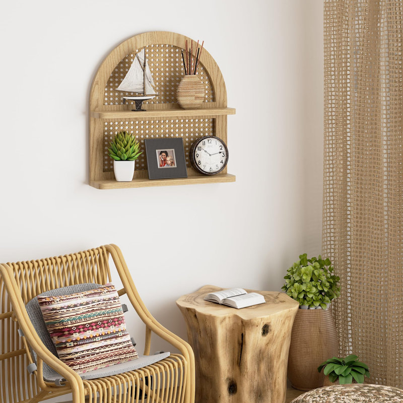 Étagère murale boho en rotin, tablette flottante arquée en bois naturel à 2 niveaux
