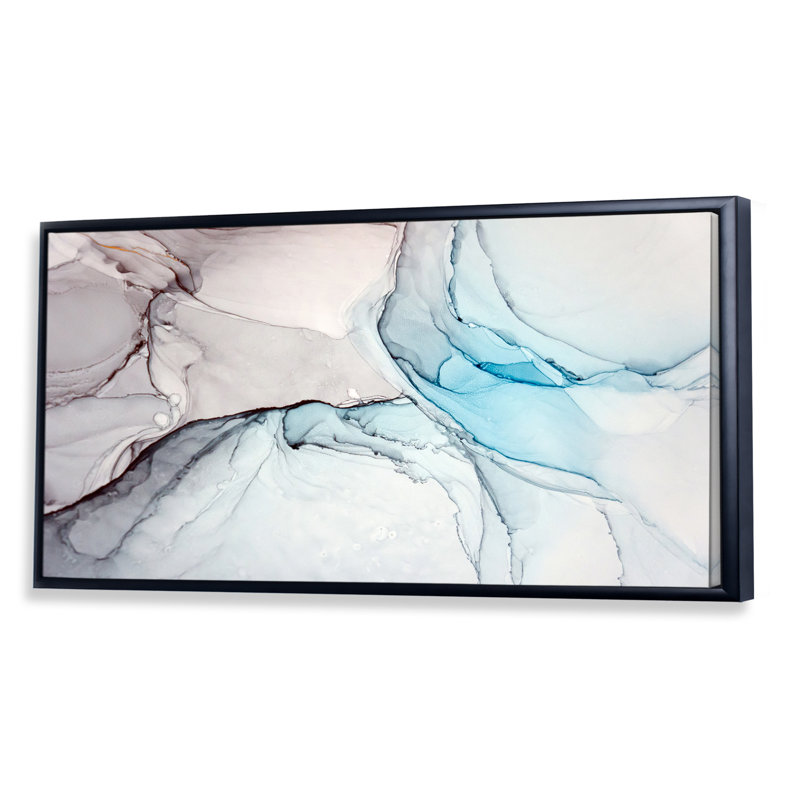 Luxry Blue and Grey Marble Art Ripples III - peinture sur toile, Cadre noir, H 12 po x l 20 po x P 1 po