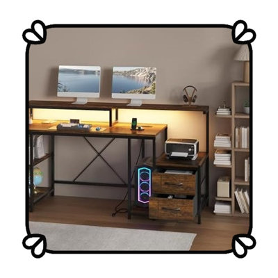 Bureau ergonomique 63 po avec éclairage à DEL RVB, support pour écran double, prises de courant intégrées et espace pour imprimante