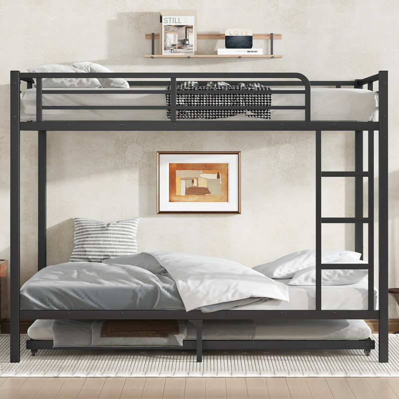 Full over Full Metal Bunk Bed with Twin Size Trundle, Black, Full Over Full