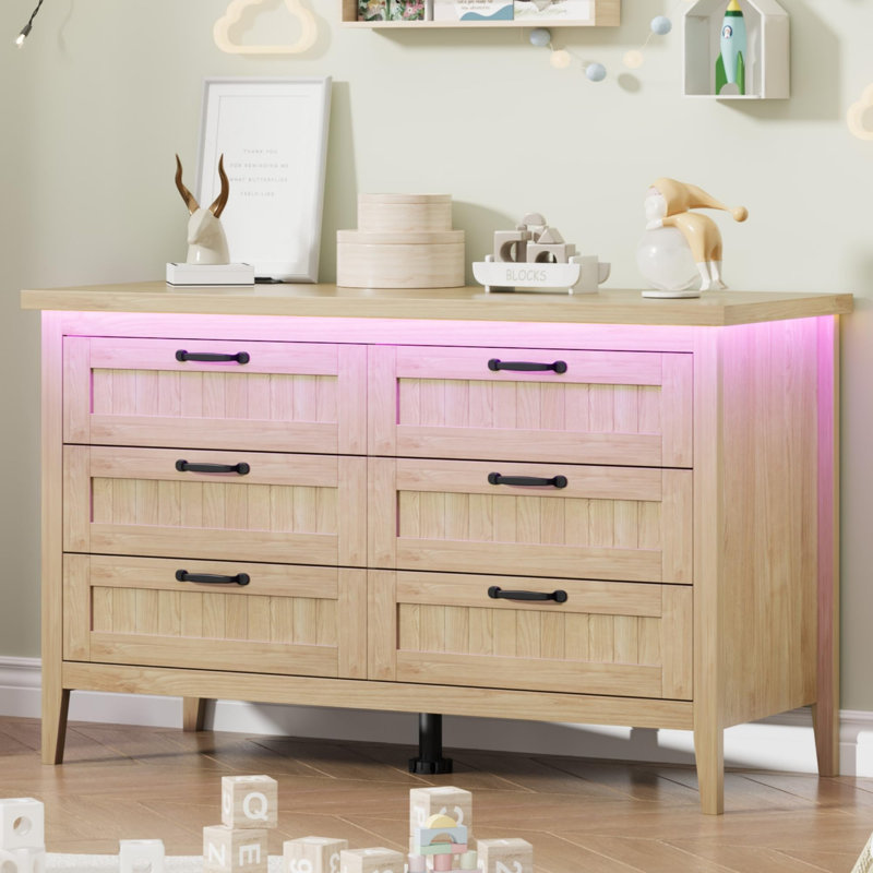 6-Drawer Natural Wood Dresser – LED Lights & Power Outlet, Wide Chest for Bedroom Storage (Natural Wood Color), Beige