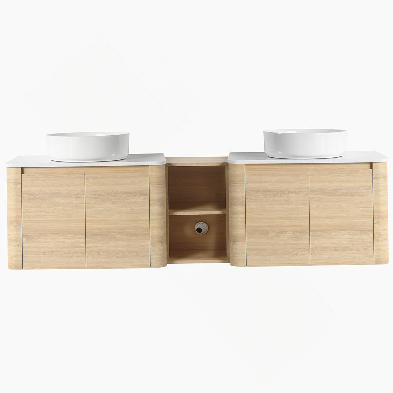 Meuble-lavabo mural 72 po avec lavabo d'art en céramique, tablettes de rangement et portes à fermeture en douceur pour salles de bain modernes
