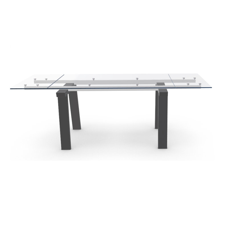 Levante Glass Extendable Table with Wooden Legs, Clear/Black, 30"H x 55.13"L x 35.5"W