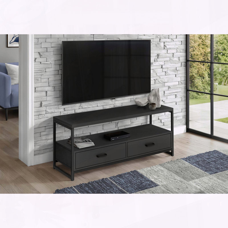 Meuble multimédia avec tiroirs de rangement, stratifié noir avec métal, Noir, 21.92" H x 76.17" W x 18.17" D