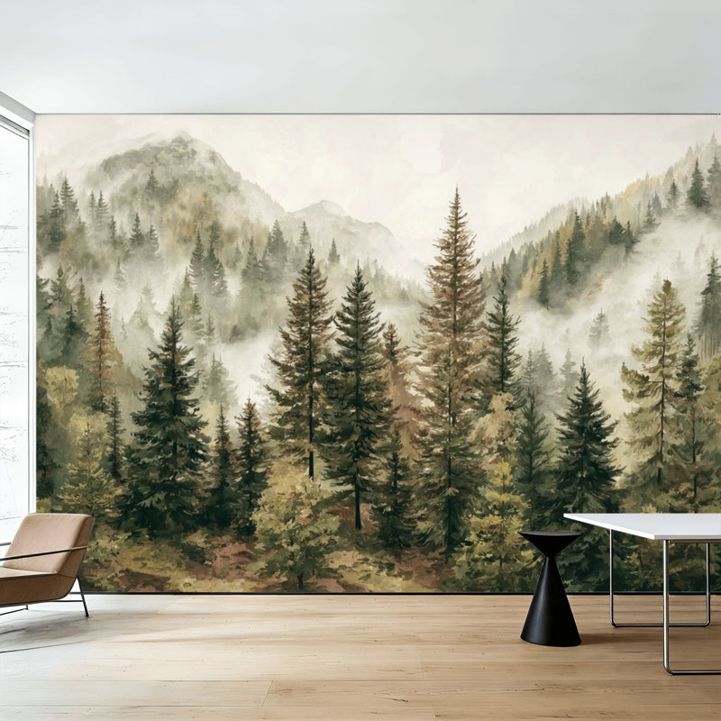 Papier peint auto-adhésif Misty Forest Landscape Aquarelle Serene Mountain Pine Trees, L 144 po x l 100 po