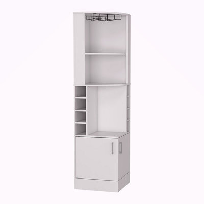 Armoire de coin H 71 po, avec deux tablettes en haut, 1 support en verre, 8 porte-bouteilles extérieurs, 1 tablette centrale et un tiroir inférieur avec 2 portes latérales