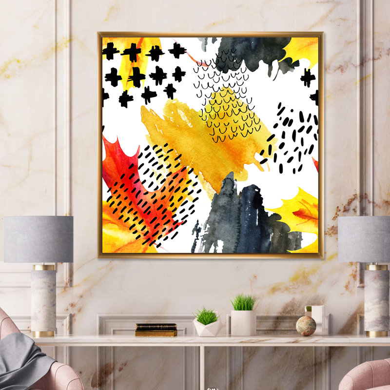 Grungy Autumn Maple Leaf - peinture sur toile, H 16 po x l 16 po x P 1 po, Cadre flottant doré
