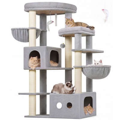 Arbre à chat de 152 cm (60 po) pour 2 à 3 grands chats, tour à plusieurs niveaux avec 7 poteaux à griffer en sisal épais, base stable et robuste, 2 niches confortables et hamacs moelleux, gris foncé