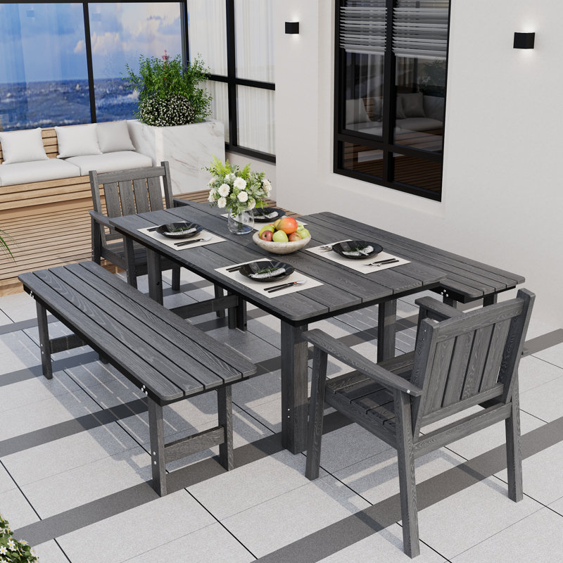 5-Piece HDPE Outdoor Dining Set with Rectangular Table & Bench, 5 Pieces: Table, 2 Benches, 2 Chairs