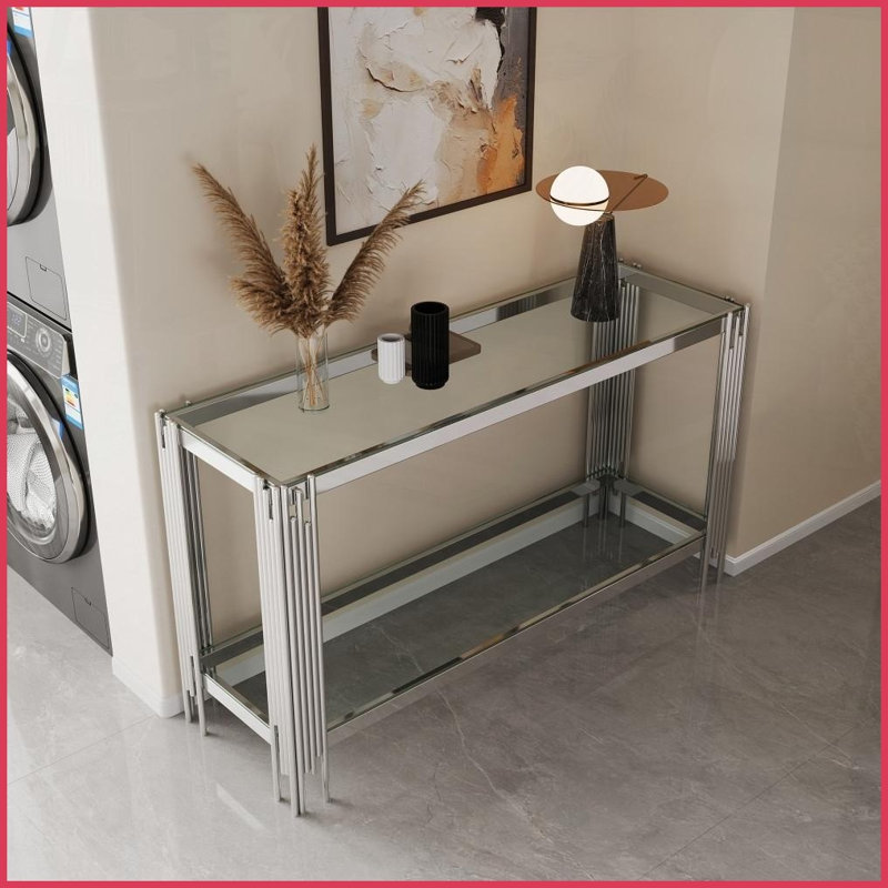 Table basse peu encombrante en verre trempé avec structure en acier inoxydable, facile à nettoyer, Clear, Argent argent