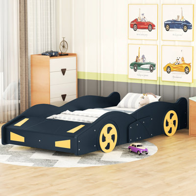 Twin Size Race Car Bed With Practical Storage And Build - Dark Blue + Yellow, Comfortable For Bedroom Sleeping Platform Wheels & Strong Solid Wood Frame, Use
