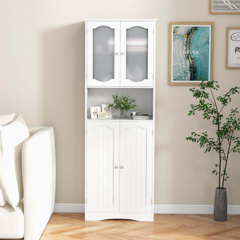 64.5" Tall Bathroom Cabinet With Tempered Glass Doors Adjustable Shelves, White