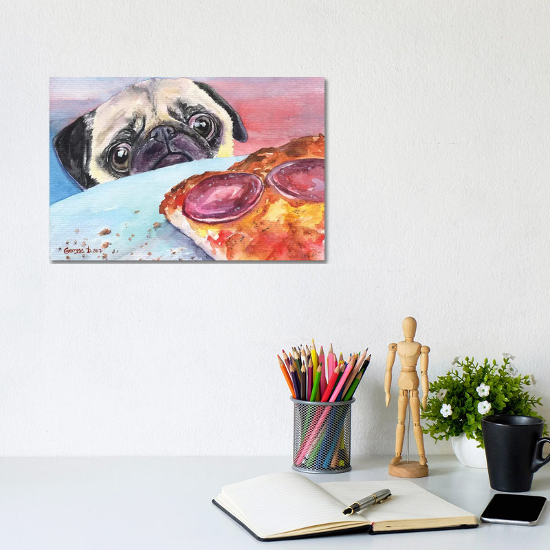 Pug And Pizza I by George Dyachenko - Wrapped Canvas Print, 20.32 cm H x 30.48 cm W