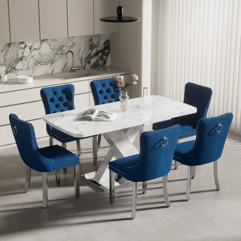 Ensemble de table de salle à manger extensible 47,24 à 63 po, Blue, White, 7