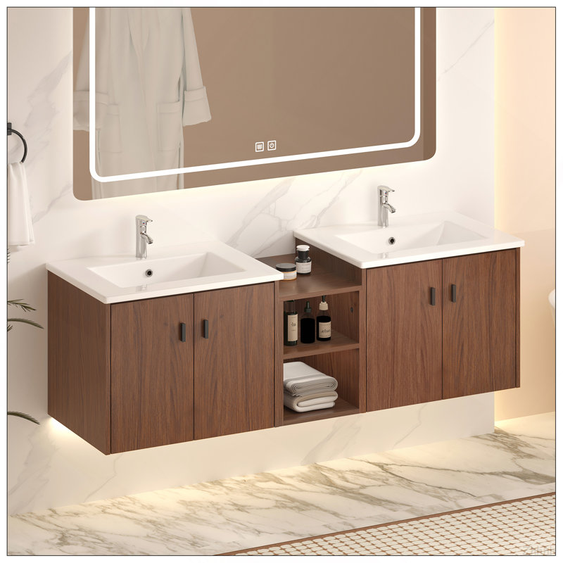 Meuble-lavabo à fermeture en douceur de 60 po de couleur brun rougeâtre, petites tablettes de rangement, armoire combinée de 24 po et de 12 po (emballage KD)