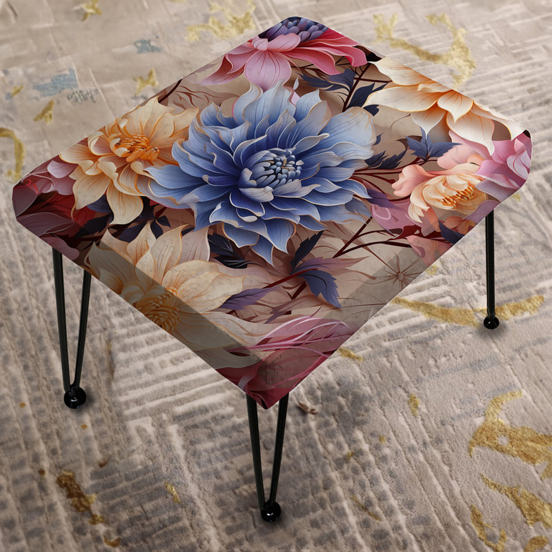 Blue And Beige Metallic - Floral Rectangle Ottoman