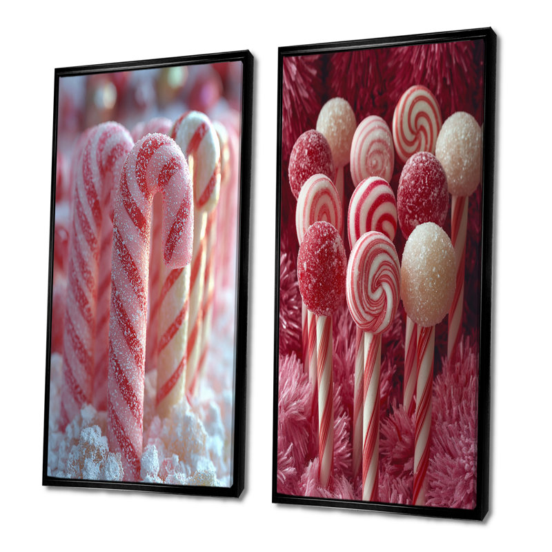 Ensemble de 2 pièces d'art mural de Noël rose et blanc Candy Cane Lane I, H 28 po x l 24 po, Impression encadrée