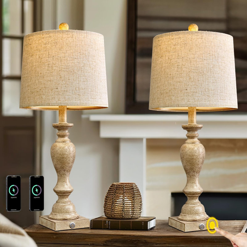 Ensemble de 2 lampes de table de 25,75 po pour le salon, la chambre à coucher, la lampe de chevet à commande tactile à 3 réglages d'intensité, la table de chevet moderne et l'abat-jour en tissu de style rétro