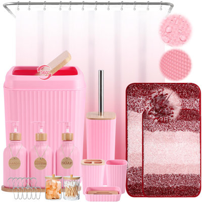 20 pièces d'accessoires de salle de bain roses avec rideau de douche, tapis, distributeur de savon 3 pièces, 6 étiquettes en bois, accessoires de bain avec plateau pour salle de bain