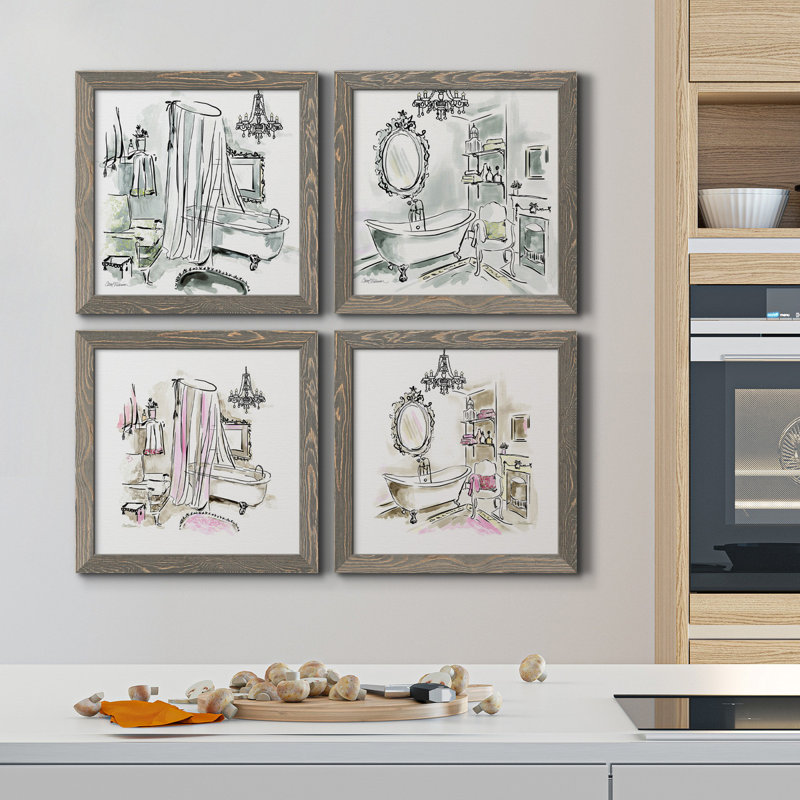 «Opulent Bath I», ensemble de 4 peintures sur toile encadrées, H 17 po x l 34 po x P 1,5 po, Toile avec cadre gris